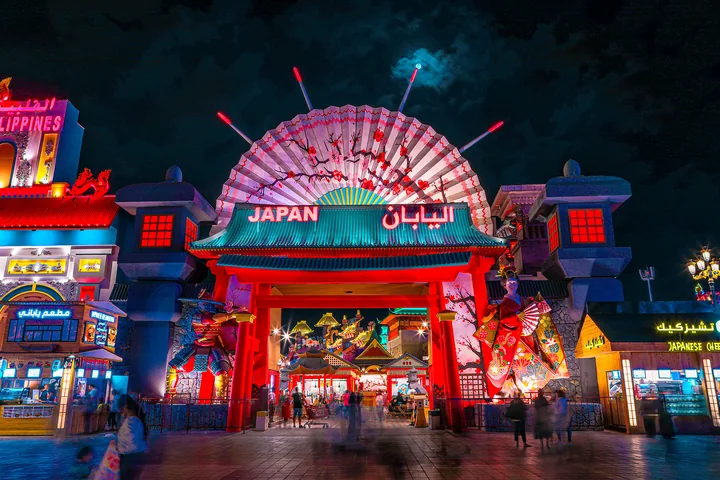 The colourful Japan pavilion illuminated at Global Village at night